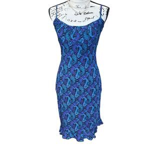 Y2K Vintage Dress Paisley Blue Purple Bodycon Ruffle Hem Retro Jewel Tone Small